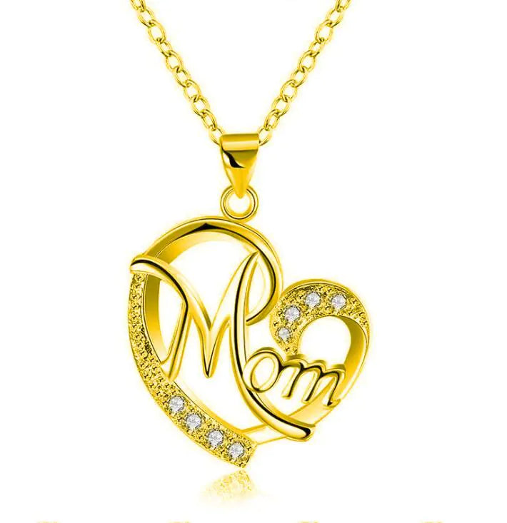 Mom's Heart-Shaped Crystal Pendant Necklace with Diamonds