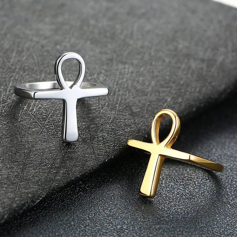 Bague Ankh dorée en acier inoxydable pour homme, accessoire hip-hop
