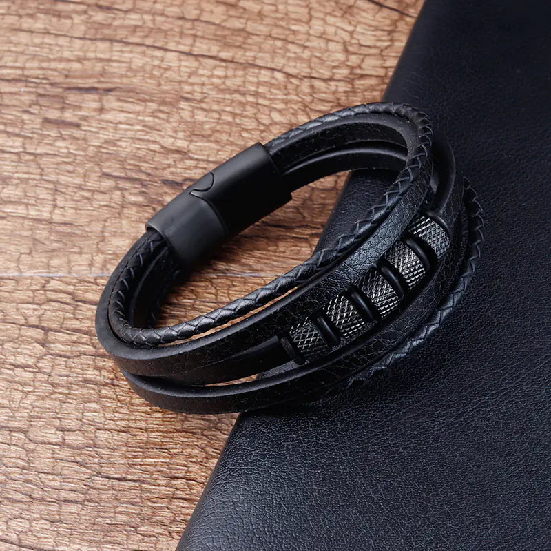 Bracelet homme tressé multicouche en cuir véritable