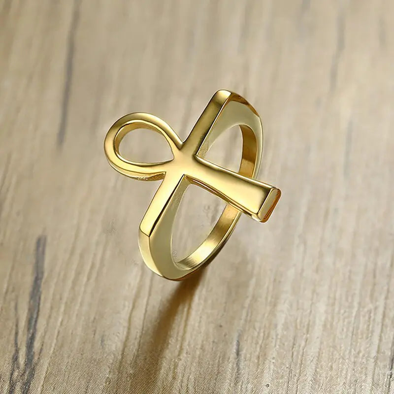 Bague Ankh dorée en acier inoxydable pour homme, accessoire hip-hop