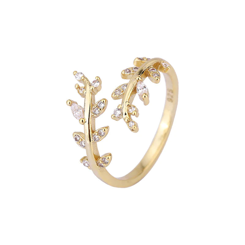 Bague ajustable en zircon à motif de feuille