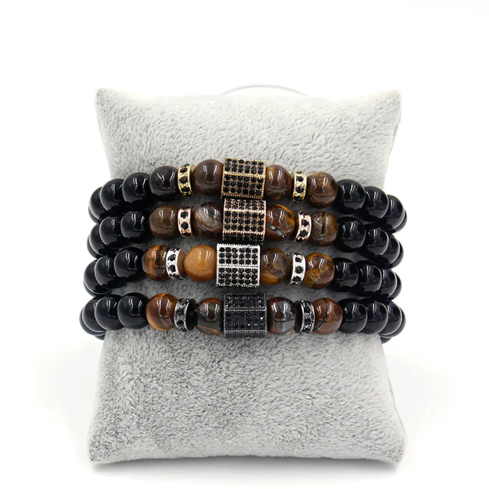 Pulseira masculina de contas de olho de tigre e diamante negro