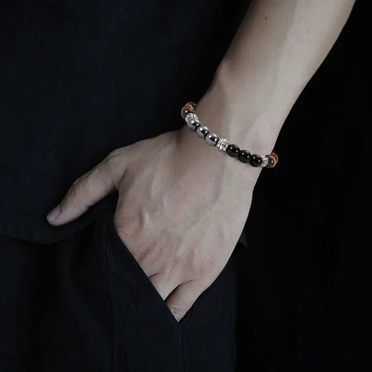 Bracelet en perles d'œil de tigre noir mat, pierre précieuse naturelle