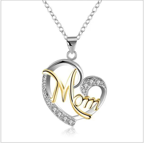 Mom's Heart-Shaped Crystal Pendant Necklace with Diamonds