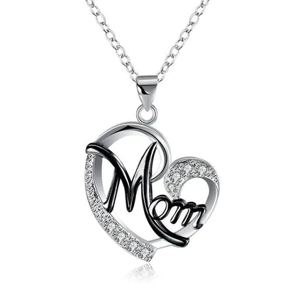 Mom's Heart-Shaped Crystal Pendant Necklace with Diamonds