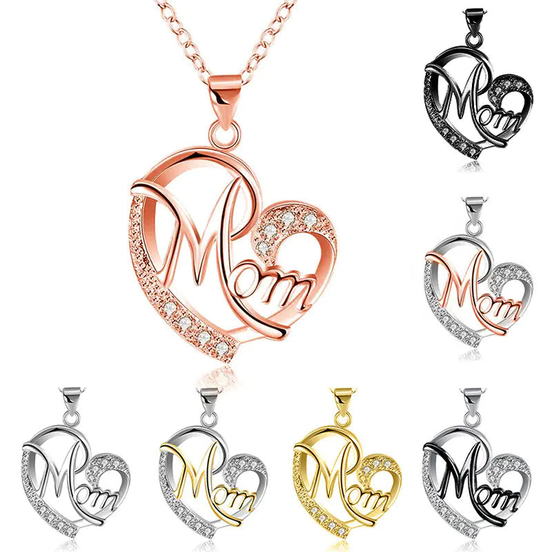 Mom's Heart-Shaped Crystal Pendant Necklace with Diamonds