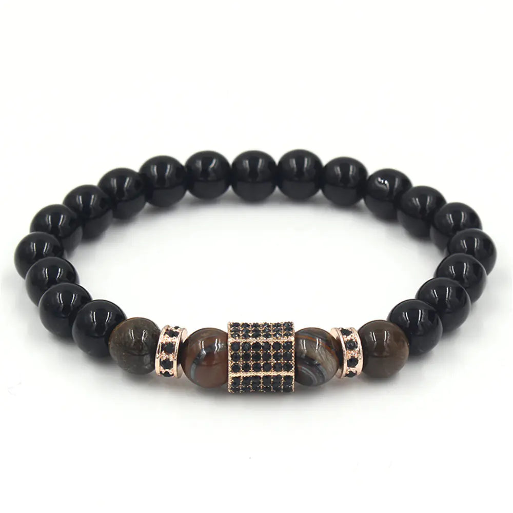 Pulseira masculina de contas de olho de tigre e diamante negro