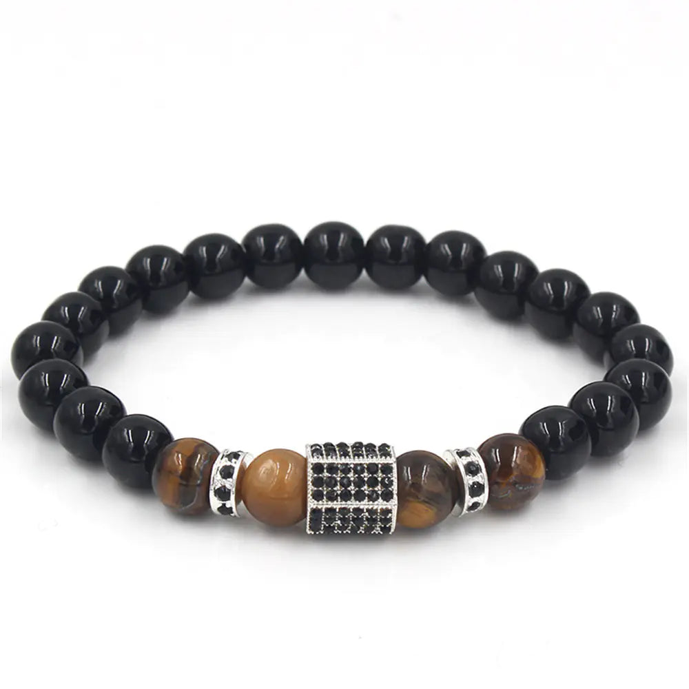 Pulseira masculina de contas de olho de tigre e diamante negro