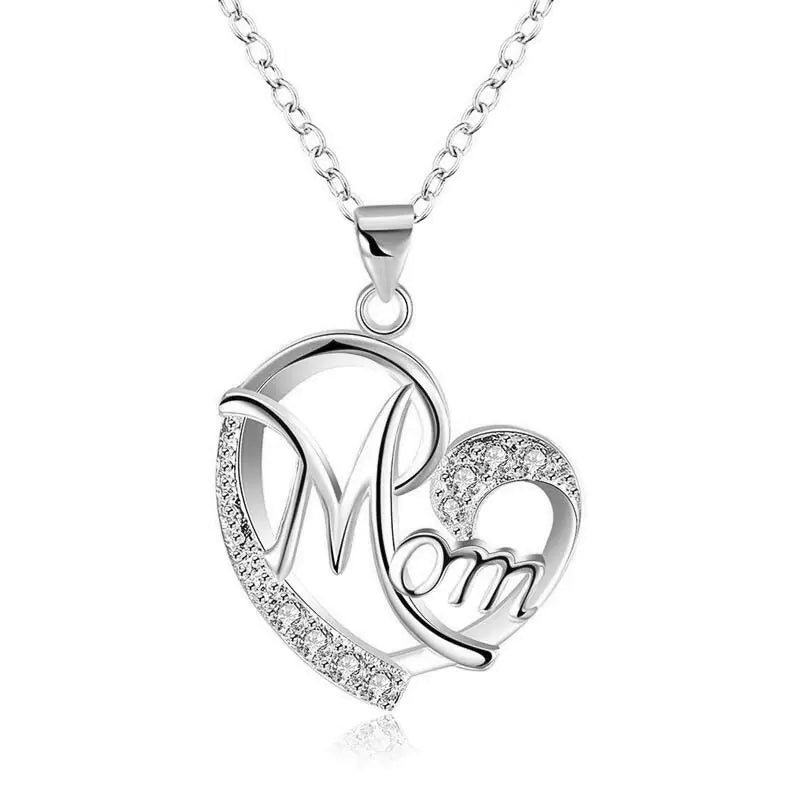 Mom's Heart-Shaped Crystal Pendant Necklace with Diamonds
