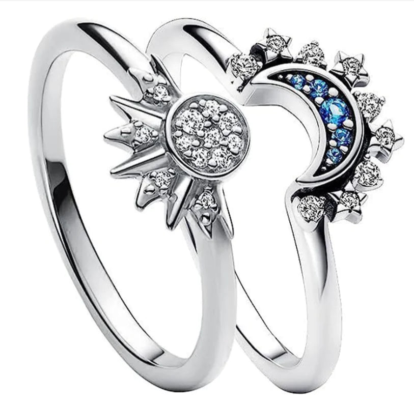 Bague combinée en argent sterling avec soleil levant et lune bleue