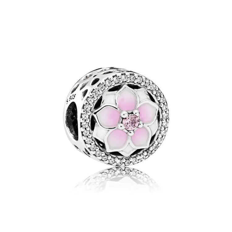 S925 Silver DIY Bracelet with Epoxy Beads & Magnolia Pendant
