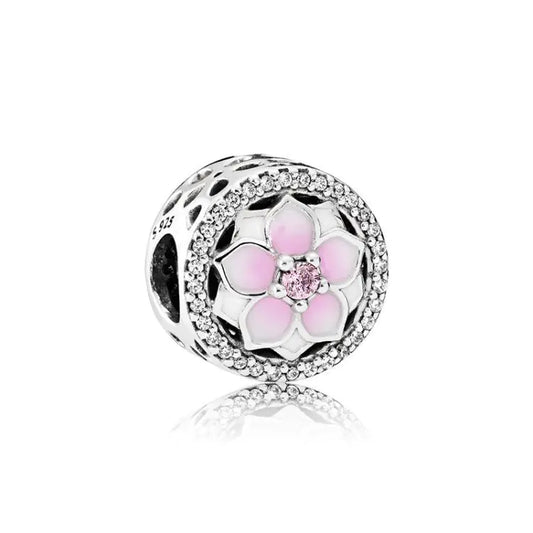 S925 Silver DIY Bracelet with Epoxy Beads & Magnolia Pendant