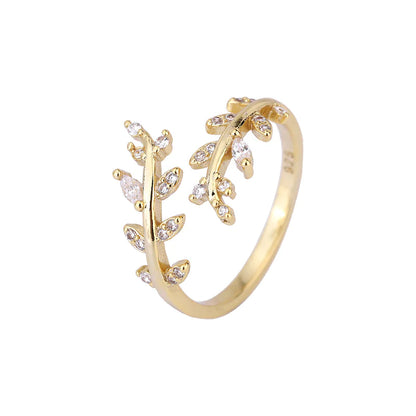 Bague ajustable en zircon à motif de feuille
