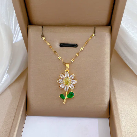 Collier Tournesol avec Zircone en Acier Titane (Une Pièce)