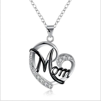 Mom's Heart-Shaped Crystal Pendant Necklace with Diamonds