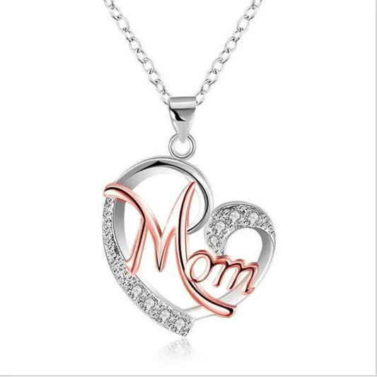 Mom's Heart-Shaped Crystal Pendant Necklace with Diamonds