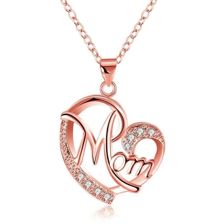 Mom's Heart-Shaped Crystal Pendant Necklace with Diamonds