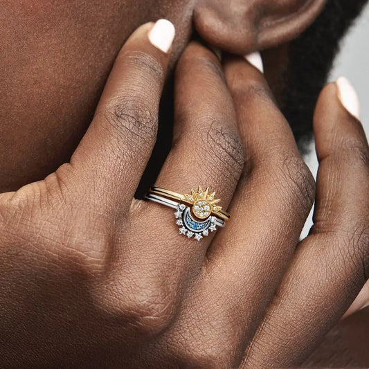 Sterling Silver Rising Sun and Blue Moon Ring Combo