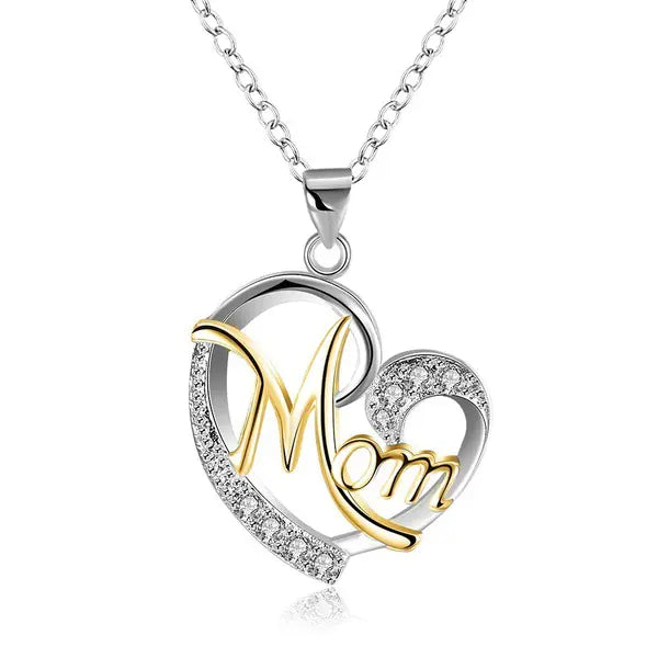 Mom's Heart-Shaped Crystal Pendant Necklace with Diamonds